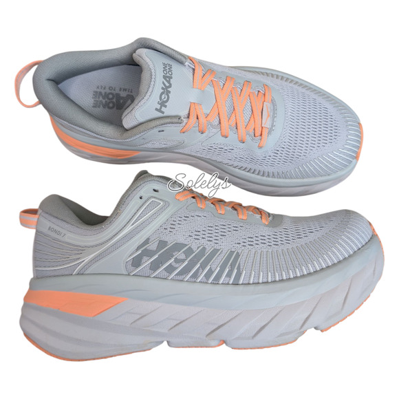 HOKA ONE ONE Bondi 7 Womens 6.5B Harbor Mist Sharkskin Grey Orange Run Sneaker - Picture 1 of 12